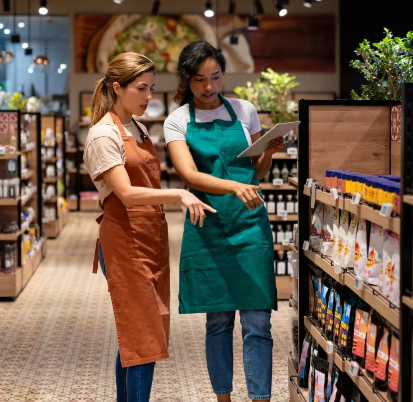 trabajadoras repasan y comentan el lineal de la tienda