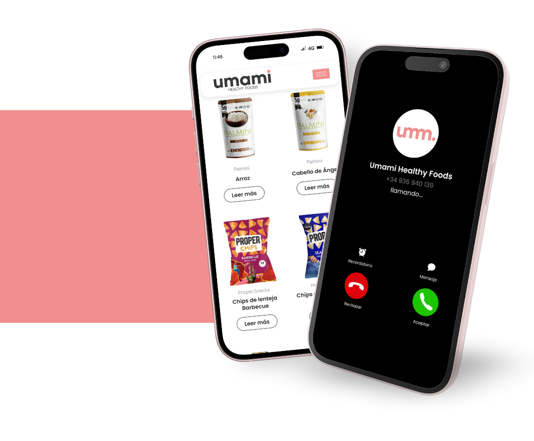 dos smartphone en perspectiva con productos umami y mockup de llamada